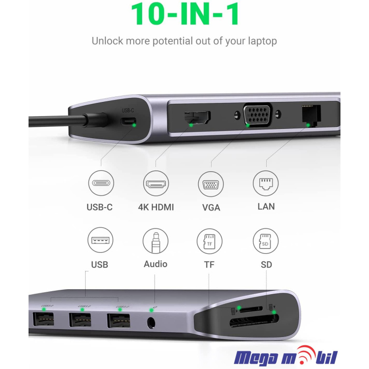 Adapter Type C to HDMI (4K@30Hz)+VGA+RJ45+3xUSB3.0+SD/TF(3.0)+PD 100W ST-C0901 (9 in 1)