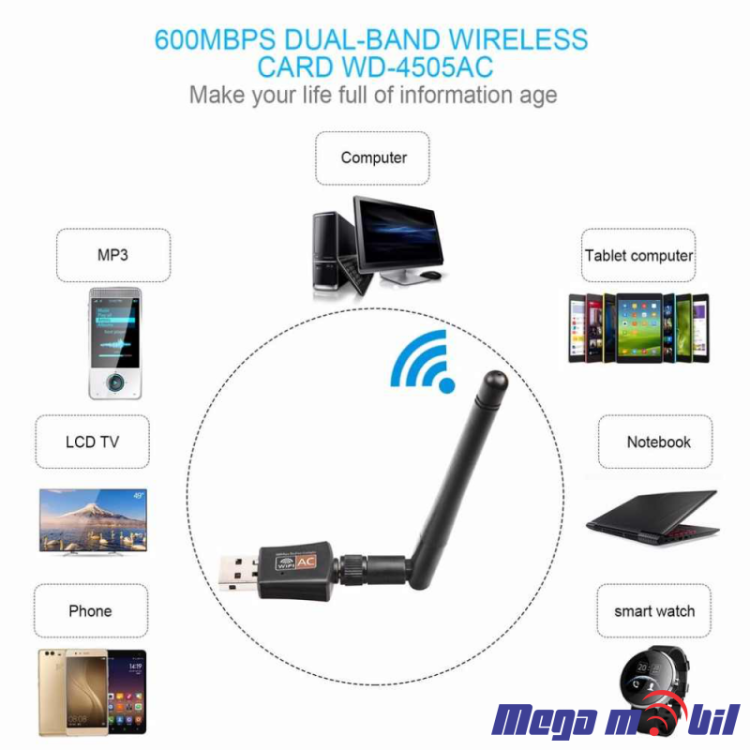 Wireless USB dual band adapter so antena 2.4GHz 5GHz 600Mb