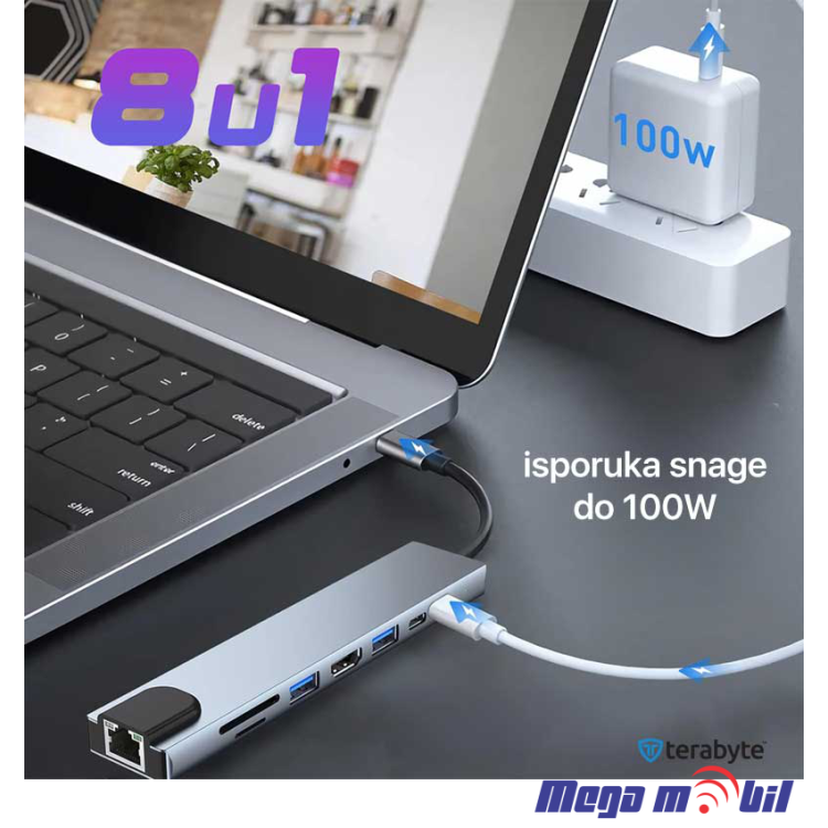 Adapter Terabyte Type C na RJ45 2xUSB 3.0 HDMI 2xPD SD TF 8vo1