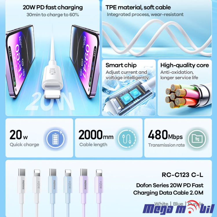 Data Kabel iPhone PD FAST REMAX Dofon RC-C123 20W white 2m