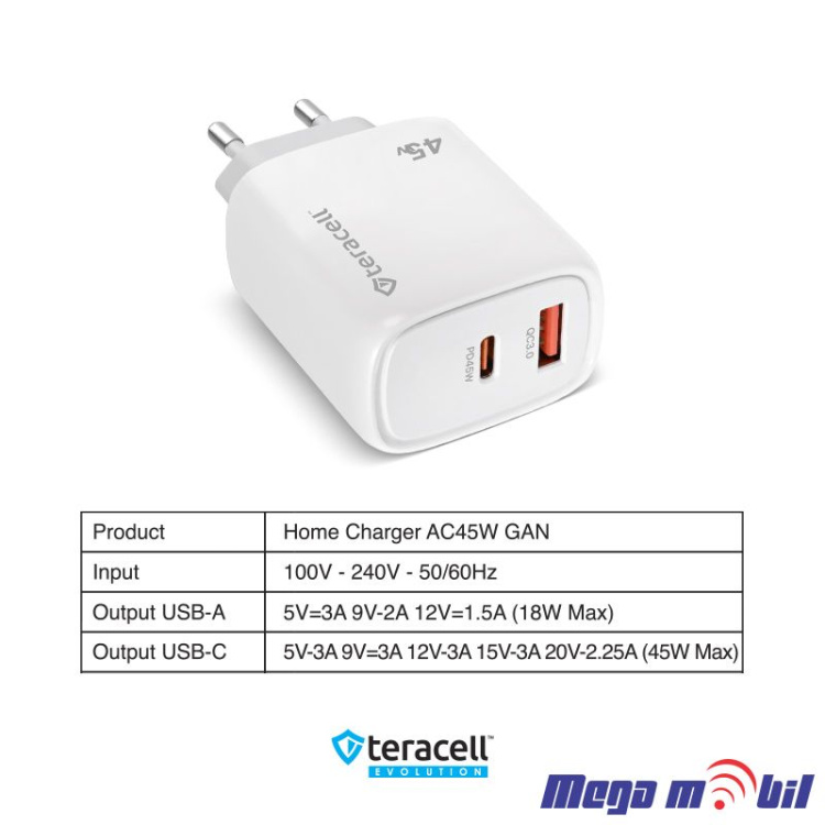 Polnac 220V iPhone Teracell Evolution TC-19, GaN, QC, PD, 45W white