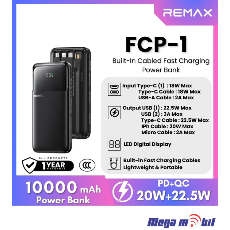 Baterija eksterna 10000mAh REMAX FCP-1 FAST 22.5W+PD 20W black