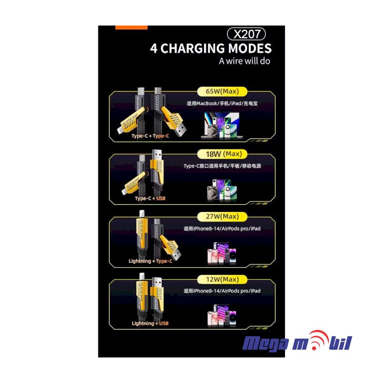 Data Kabel WUW-X207 4 vo 1 65W 1m FAST yellow