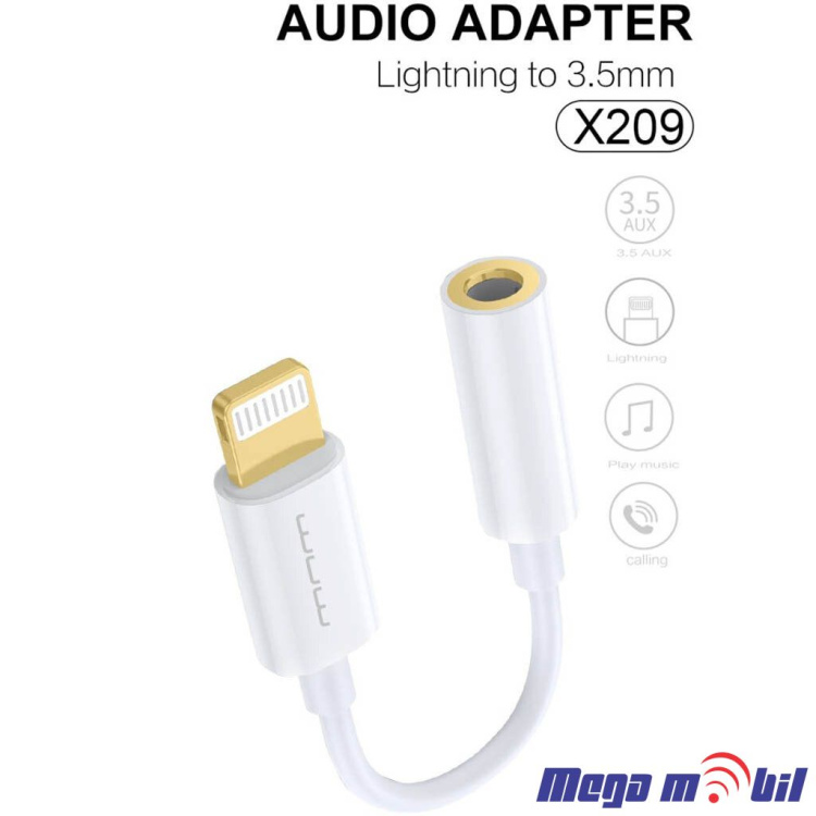 Kabel iPhone Lightning WUW-X209 AUX 3.5mm female za slusalki white