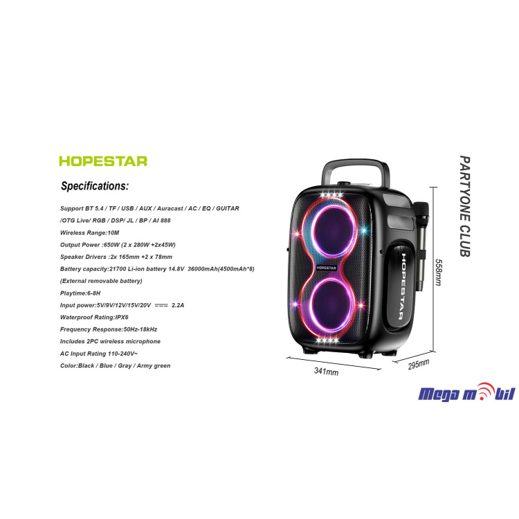 Zvucnik Bluetooth Karaoke Hopestar PARTYONE CLUB so 2 mikrofona black