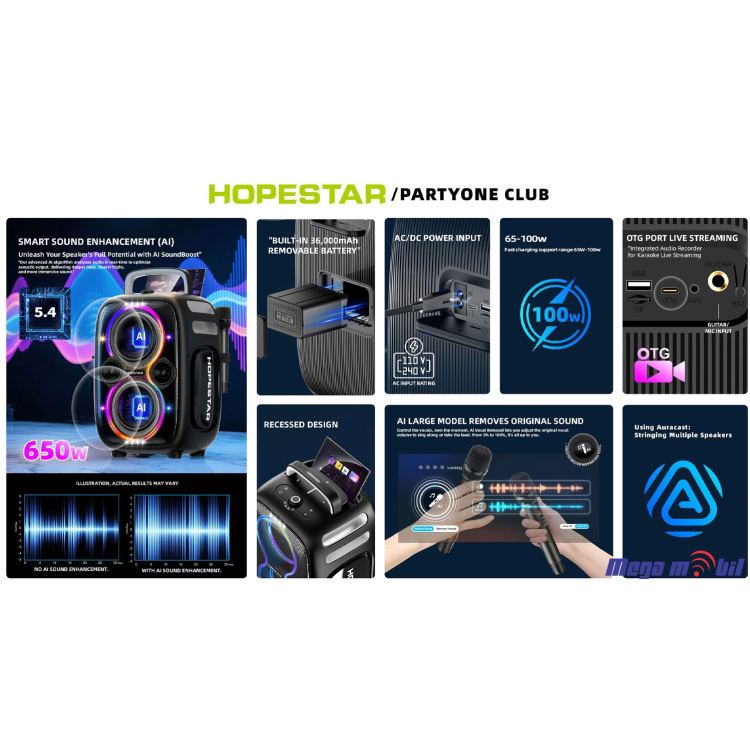 Zvucnik Bluetooth Karaoke Hopestar PARTYONE CLUB so 2 mikrofona black