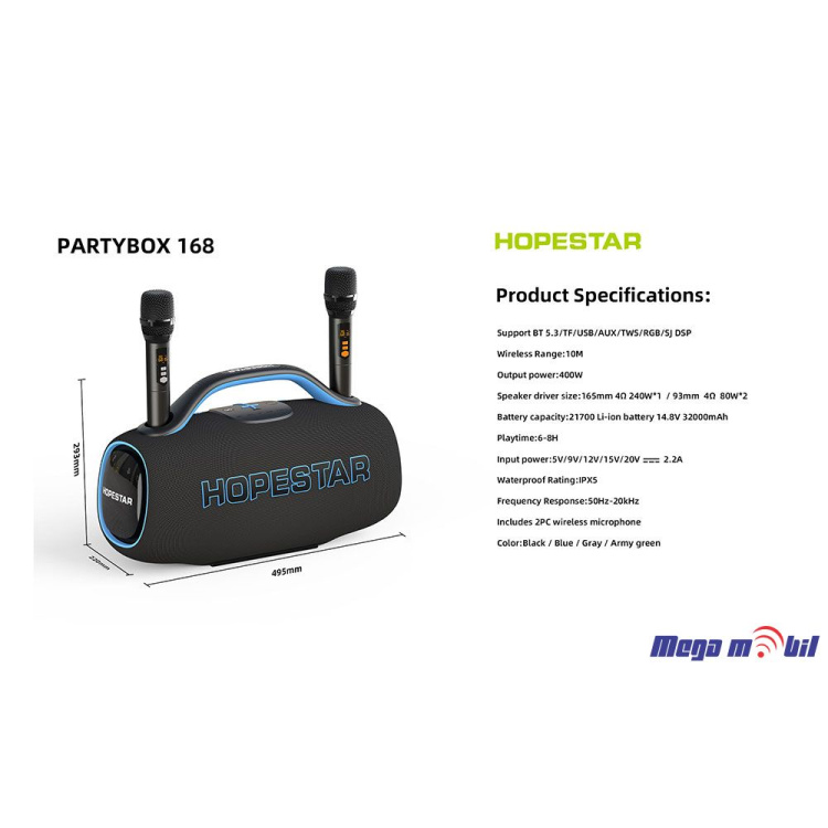 Zvucnik Bluetooth Karaoke Hopestar PARTYBOX 168 so 2 mikrofona black