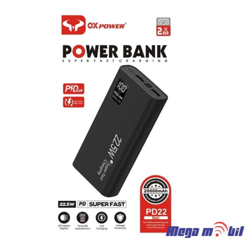Baterija eksterna 20000mAh Ox Power PD22 FAST+PD 22.5W black