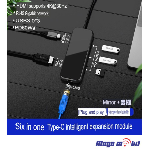 Adapter Type C to HDMI+RJ45+3xUSB3.0+PD 100W ST-C0601 (6 in 1)