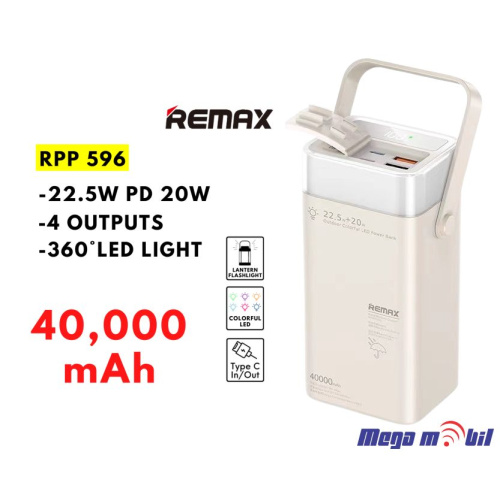 Baterija eksterna 40000mAh REMAX Fluorite RPP-596 FAST 22.5W+PD 20W white