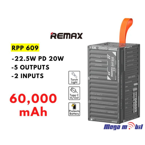 Baterija eksterna 60000mAh REMAX Container RPP-609 FAST 22.5W+PD 20W gray