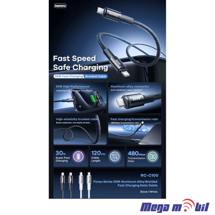 Data Kabel Type C PD REMAX Fonsu RC-C100 30W Fast white