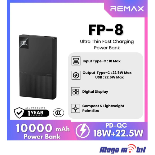 Baterija eksterna 10000mAh REMAX Ultra Thin FP-8 FAST 22.5W black
