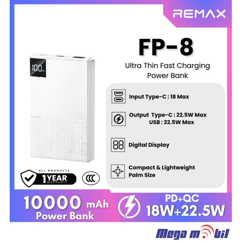 Baterija eksterna 10000mAh REMAX Ultra Thin FP-8 FAST 22.5W white