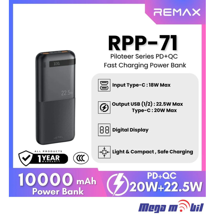 Baterija eksterna 10000mAh REMAX Piloteer RPP-71 FAST 22.5W+PD 20W black