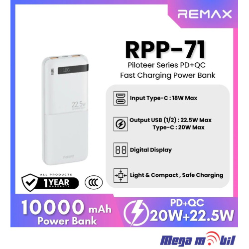 Baterija eksterna 10000mAh REMAX Piloteer RPP-71 FAST 22.5W+PD 20W white