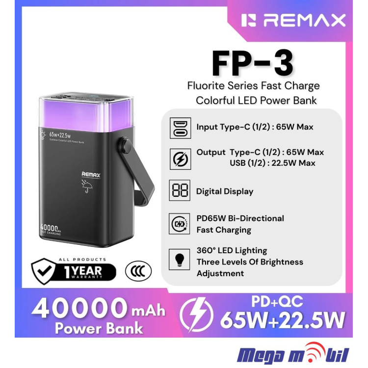 Baterija eksterna 40000mAh REMAX Fluorite FP-3 FAST 65W black