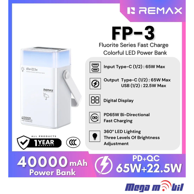 Baterija eksterna 40000mAh REMAX Fluorite FP-3 FAST 65W white