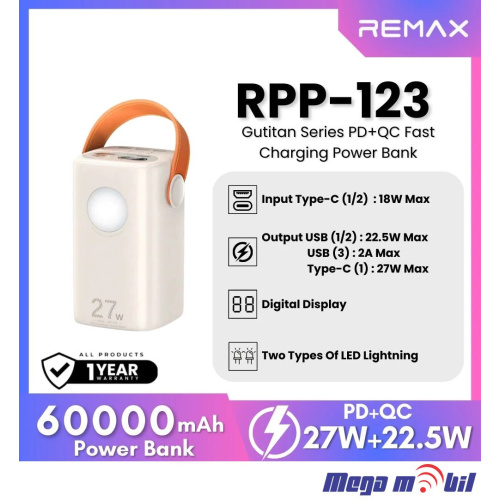 Baterija eksterna 60000mAh REMAX Gutitan RPP-123 PD 27W+QC 22.5W beige