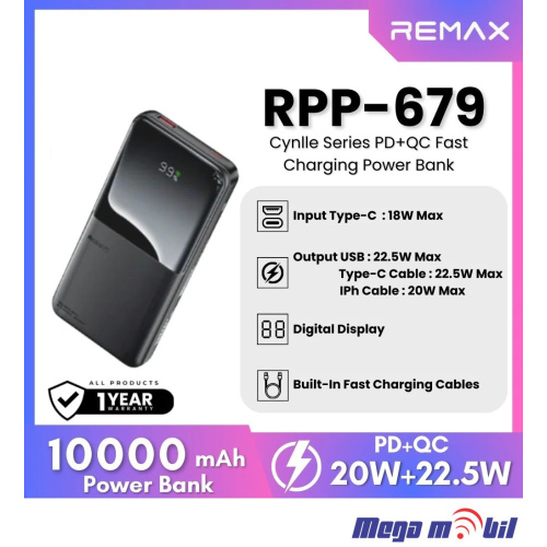 Baterija eksterna 10000mAh REMAX Cynlle RPP-679 FAST+PD +2 fast charging cables black