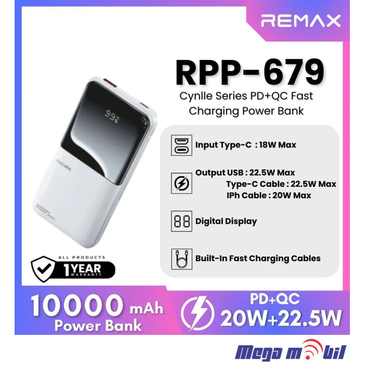 Baterija eksterna 10000mAh REMAX Cynlle RPP-679 FAST+PD +2 fast charging cables white