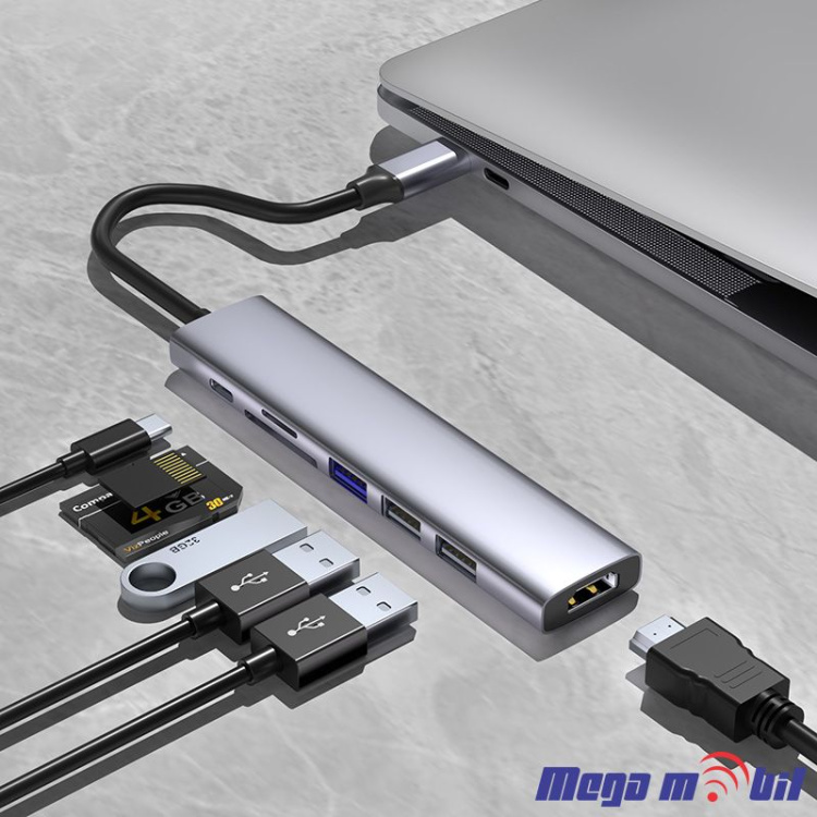 Adapter Type C to HDMI 4K+USB3.0+USB2.0x2+SD/Micro SD+PD100W ST-CM0701 (7 in 1)