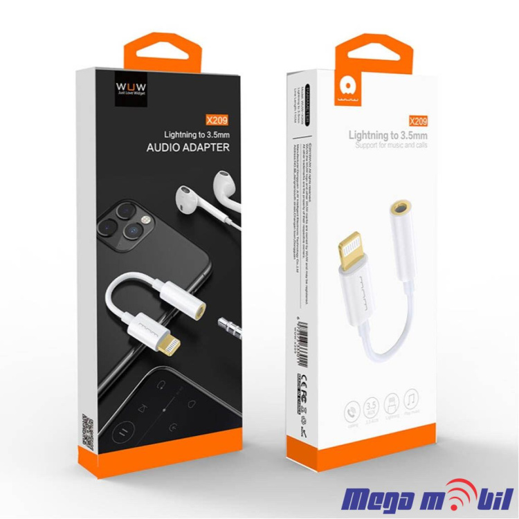 Kabel iPhone Lightning WUW-X209 AUX 3.5mm female za slusalki white